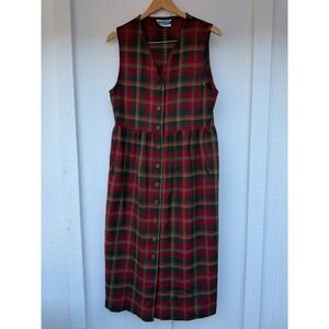 Vintage Pendleton Wool Plaid Button Front Jumper Dress Red Green Midi Pockets
